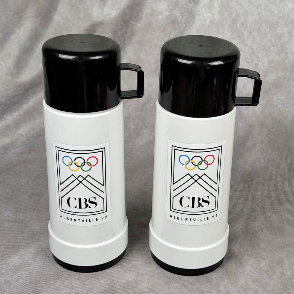 Vintage CBS Sports Albertville 1992 Winter Olympics Thermos Set of 2 White Black - Picture 2 of 16